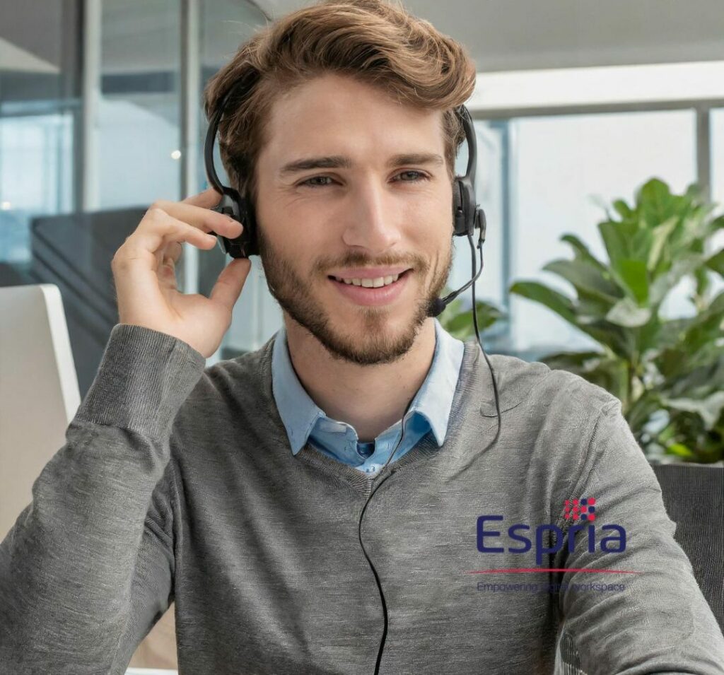 Sales man with the headset speakers smiling